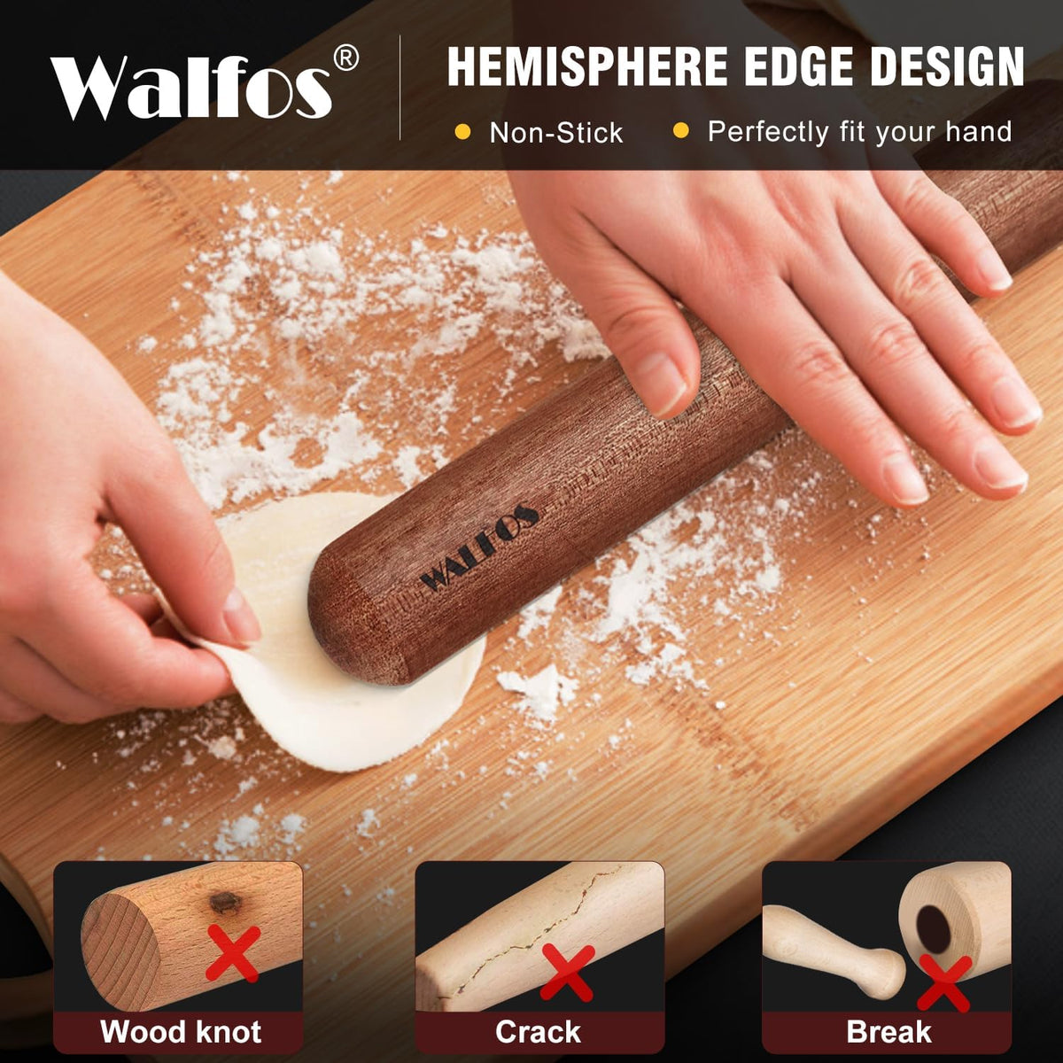 Walfos Mini Rolling Pin - Small Natural Wooden Rolling Pins, Baking Dough Roller for Pizza, Pie, Pasta, Bread, Pastry, No Coating (8inch)