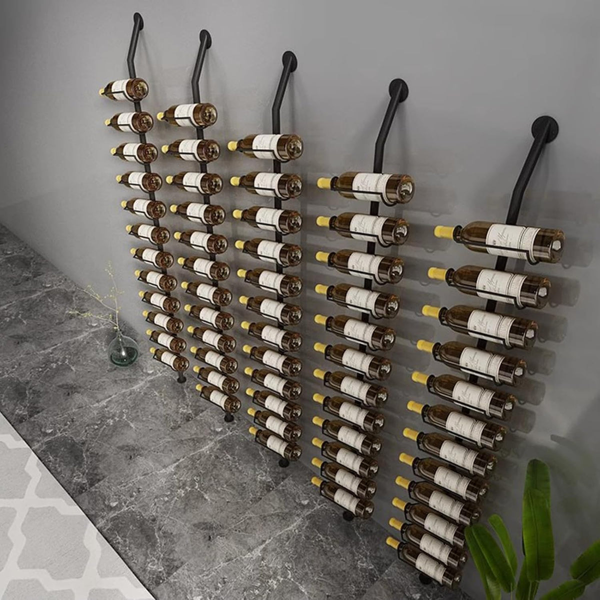 Wine Rack Wall Mounted, 72.8in High Metal Wine Bottle Holder for 12 Bottles, Kitchen Organization and Wine Storage for Commercial Restaurants Pantry Bar Wine Cellar (Black, Four rows-48 Bottles)