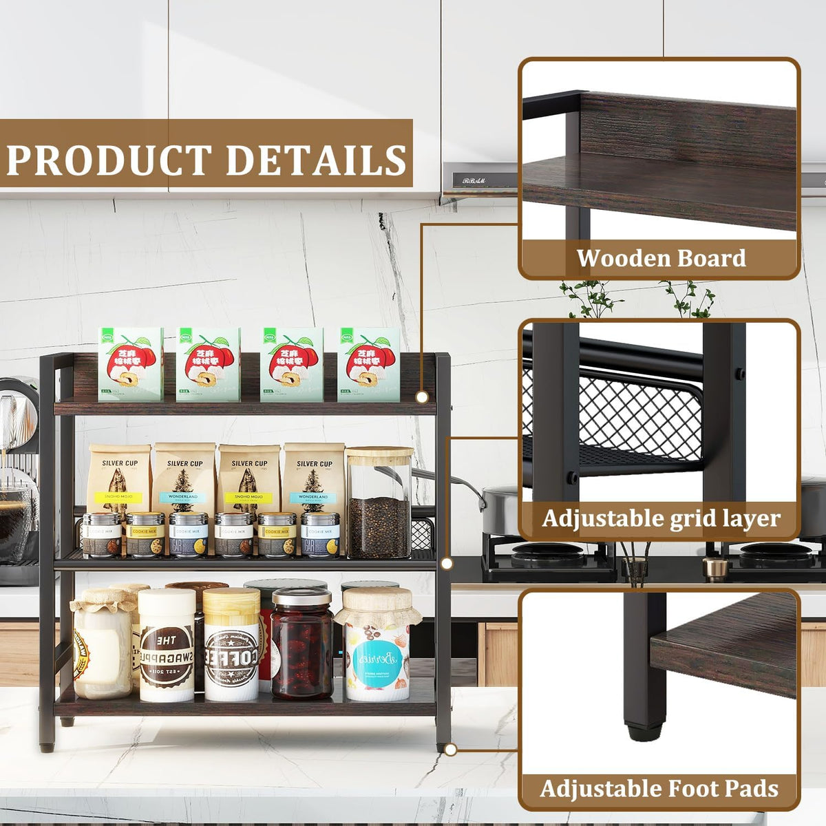 IBUYKE 3-Tier Spice Rack Industrial Counter Shelf Desktop Storage Organizer Standing Seasoning Rack for Countertop Kitchen Office Living Room Desktop Dark Grey UTLJ021G