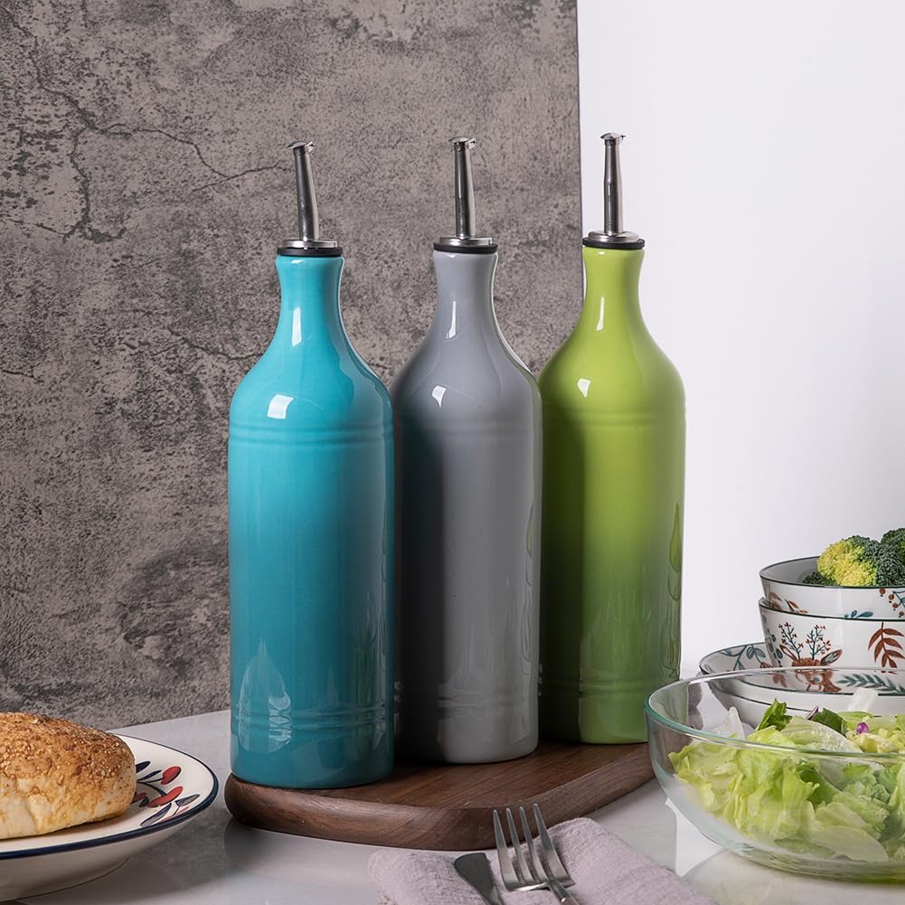 Sweejar Large Ceramic Olive Oil Dispenser Bottle, Opaque Oil Cruet Protects Oil to Reduce Oxidation, Storage Oil, Vinegar, Soy Sauce & Other Liquids, Pack of 1, 24 Fl Oz (Gradient Green)