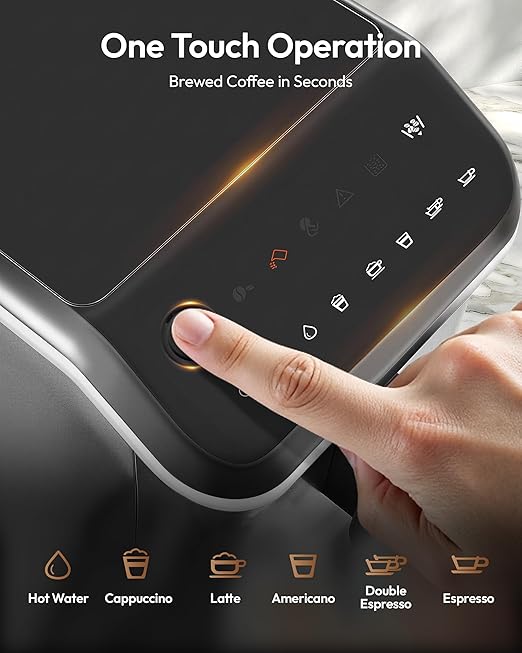 EUHOMY Fully Automatic Espresso Machine, 20 Bar Coffee Maker with Grinder and Integrated Milk Frother, Automatic Espresso Machine with Touch Screen, 15-Grind Settings Coffee Machine for Home, Silver