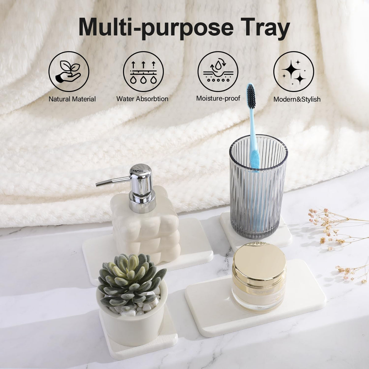 Water Absorbing Stone Tray for Sink | Quick Drying Diatomaceous Earth Coasters | Soap Dish Holder & Toothbrush Holder for Bathroom Counter | Hand Soap & Plant & Toiletries | White 4-Pack