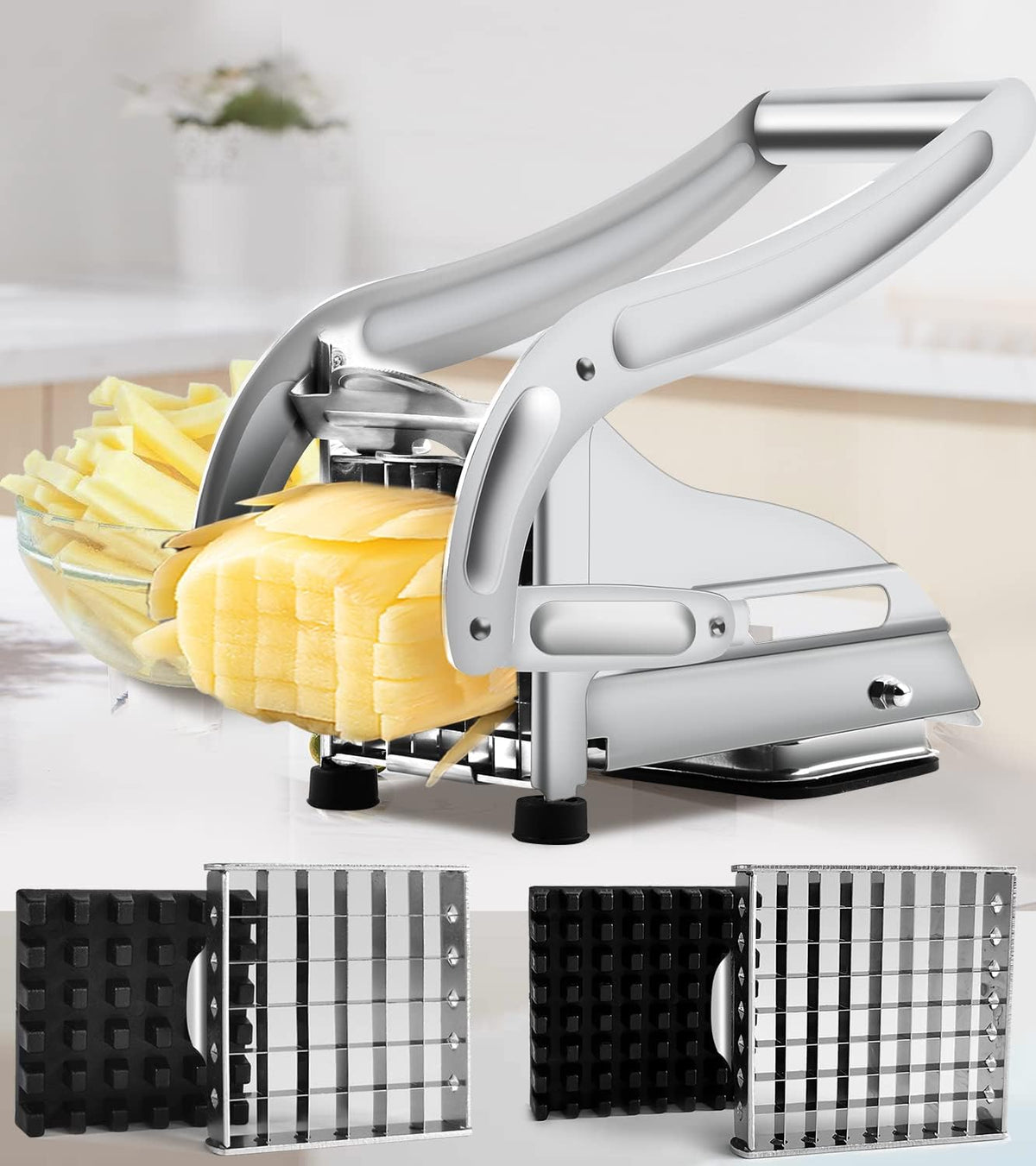 French Fry Cutter with 2 Blades, Professional Potato Cutter Stainless Steel, Potato Slicer French Fries, Press French Fries Cutter for Potato