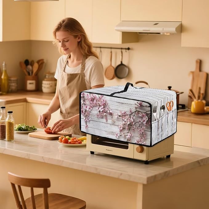 Air Fryer Toaster Oven Dust Cover Countertop Microwave Dust Cover Protector, Compatible with Convection Oven, S, 14.5 x 18.5 x 9 Inches, Peach Blossom White Wood Grain