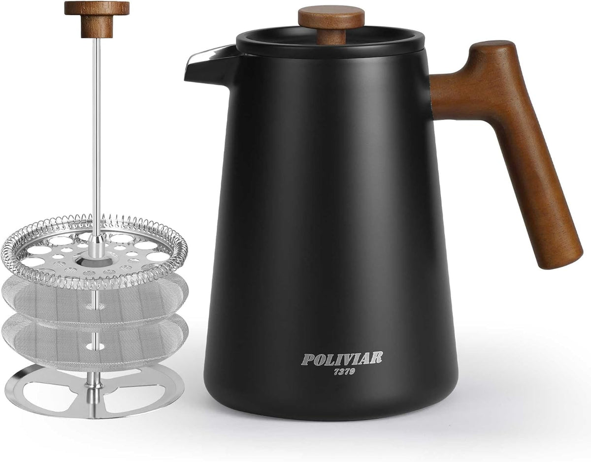 POLIVIAR French Press Coffee Maker, 34 oz Coffee Press with Real Wood Handle, Double Wall Insulation & Dual-Filter Screen, Food Grade Stainless Steel for Good Coffe and Tea, JX2025-XFPB