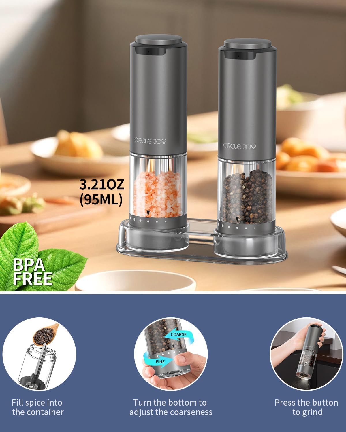CIRCLE JOY Rechargeable Electric Salt and Pepper Grinder Set with Base, Aluminum Alloy Pepper Mills with 95ml Container, White LED Light and External Adjustable Coarseness, Space Grey