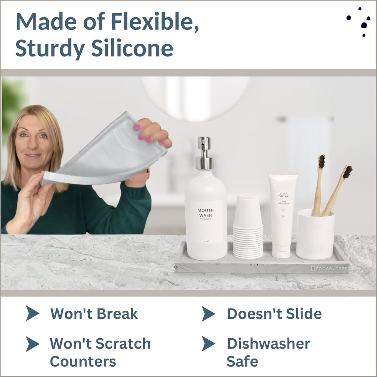 Countertop and Vanity Tray - 2 PC Large 11.7" Silicone Bathroom Trays, Counter Organizer, Dish Soap Sponge Holder Kitchen Sink Tray Organizer, Sink Caddy Toothbrush Key Kitchen Soap Trays