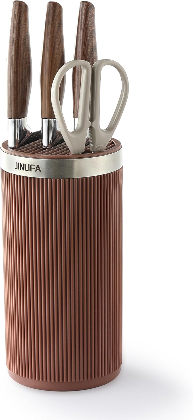 Knife Block Without Knives, JINLIFA Kitchen Knife Holder Block, Universal Knife Storage Organizer Stand Rack for Countertop (Stylish Brown Color)