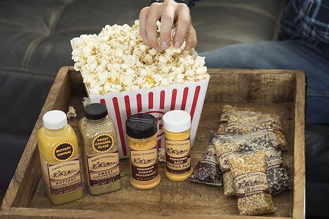 Amish Country Popcorn | 8-4 Ounce Variety Gift Set with Buttery Topping, Sweet Caramel Glaze, Ballpark Salt & Cheddar Cheese Seasoning | Old Fashioned, GMO Free and Gluten Free