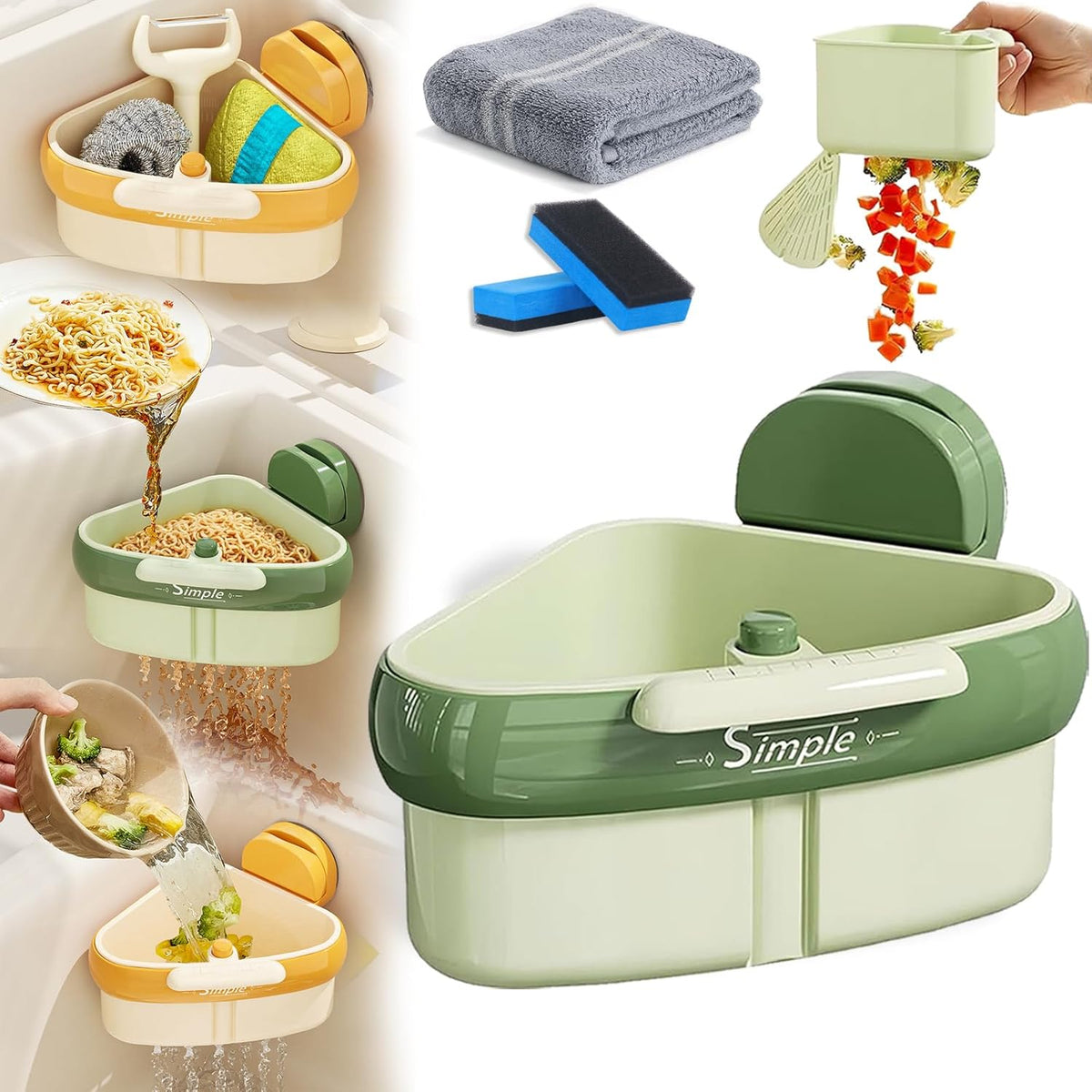 Suction Cup Sink Corner Rack, 2025 Upgraded Self-Cleaning Sink Strainer Basket, Removable Food Waste Catcher with Drain Hole, Say Goodbye to Gross Food Scraps and Smelly Sinks (Green)