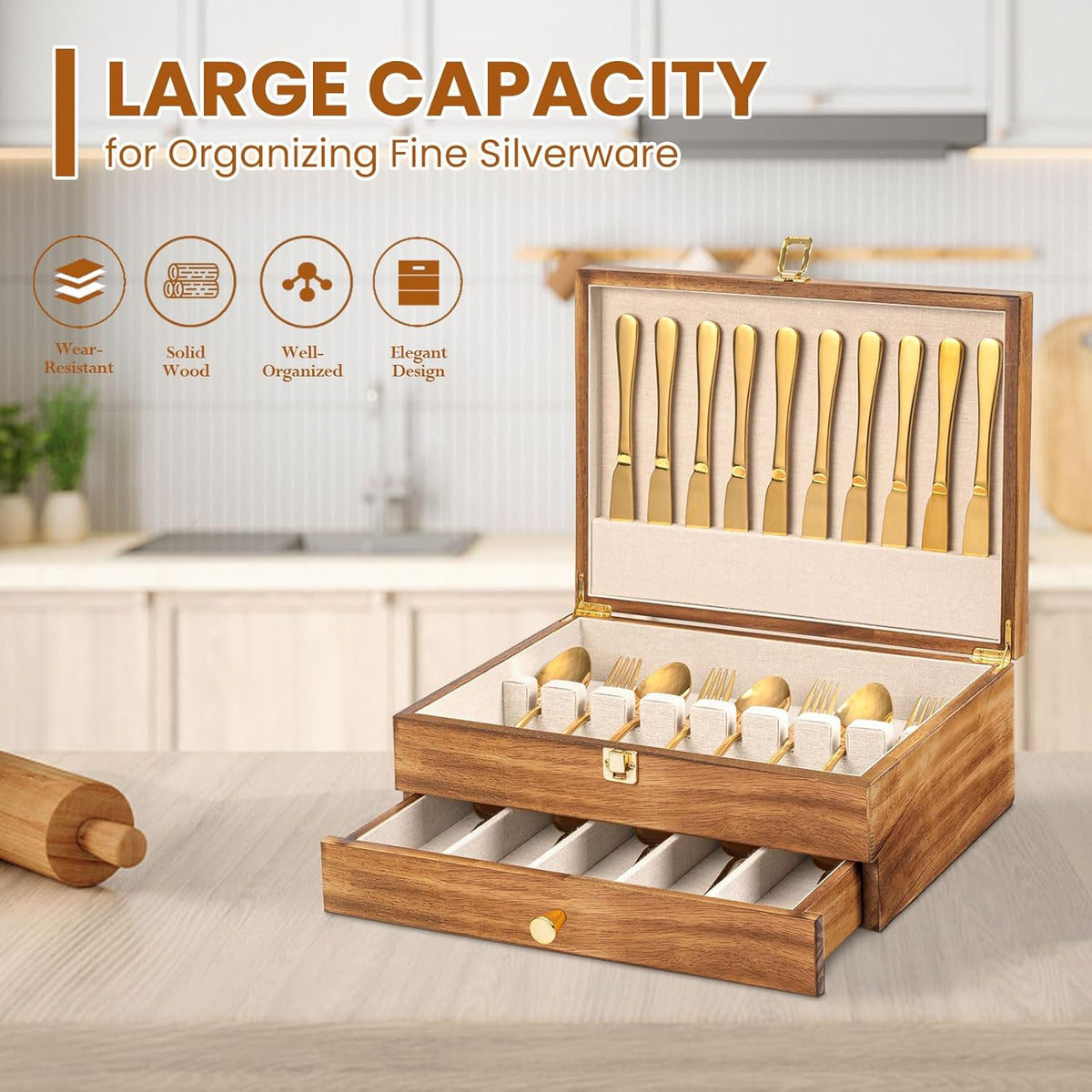 Silverware Storage Box, 2-Layer Flatware Storage Case with Drawer, Wooden Silverware Chest with Linen Liner, Rustic Silverware Case for Storing Fine Flatware and Utensils (Brown)