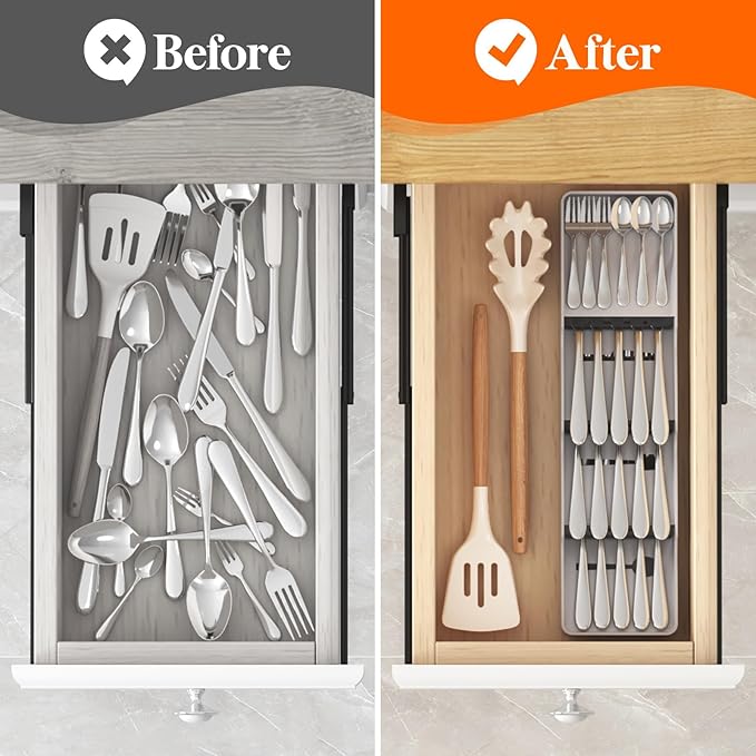 Lifewit Utensil Organizer for Kitchen Drawer,Narrow Silverware Tray for Kitchen Drawers, Bamboo Cutlery Silverware Flatware Holder