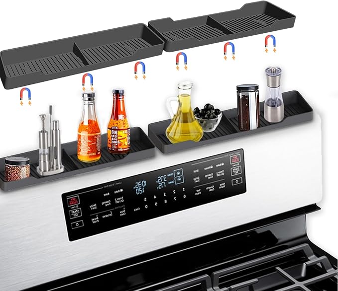 30 Inch Magnetic Silicone Stove Top Shelf, Heat Resistant Spice Rack for Kitchen, Space Saving Organizer with 6 Sticky Pads, Fits Back of Stove（Black 30''x3.8''）