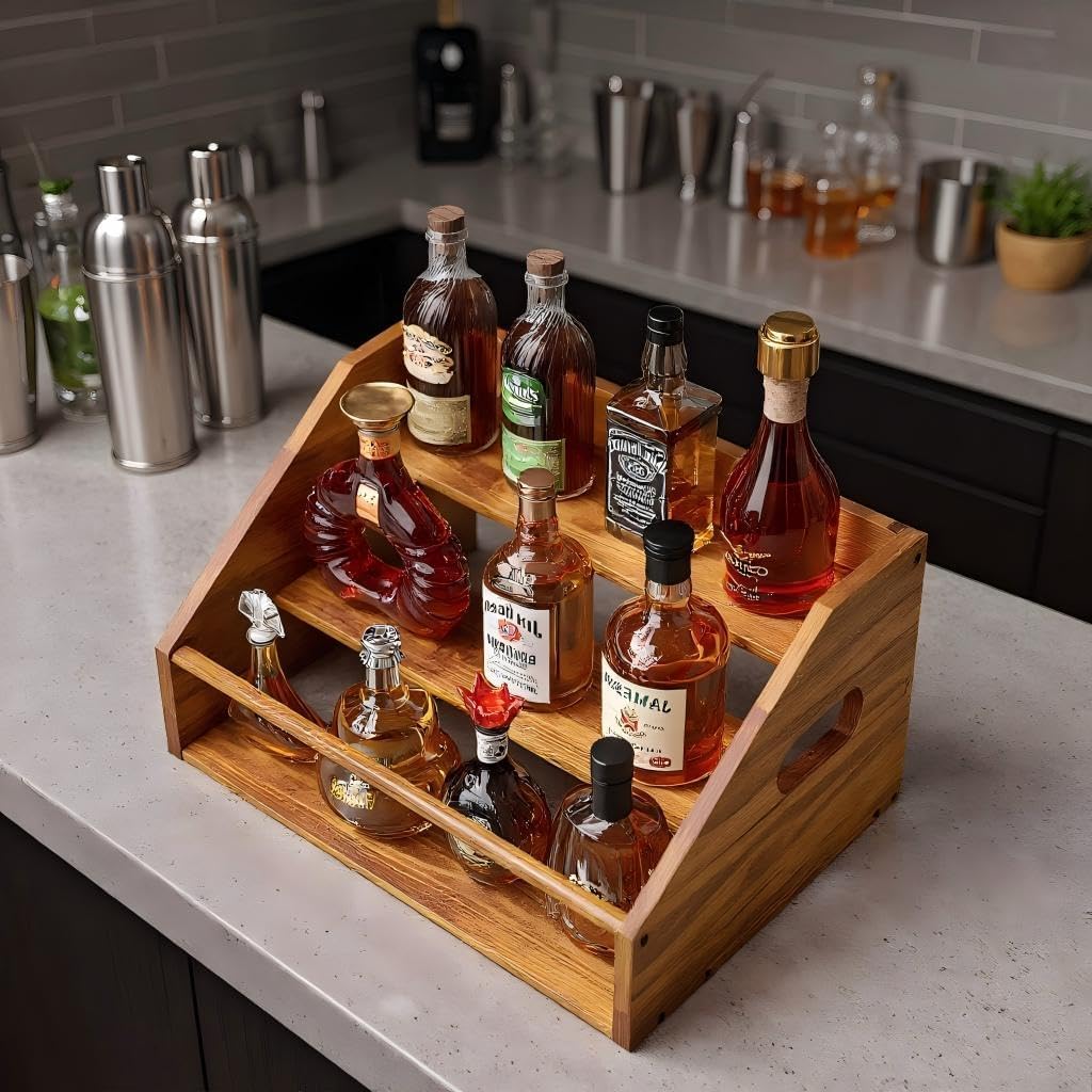 3 Tier Wood Liquor Bottle Display Shelf, Coffee Syrup Organizer Rack, Wine Racks Countertop, Bar Shelf for Vodka Tequila Whiskey, Liquor Cabinet for Home Decor, Mini Bar, Black Bar Organizer