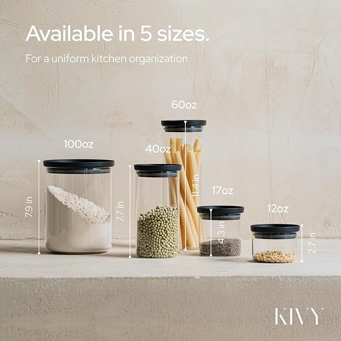 KIVY Airtight Glass Jars with Lids & Labels [3x 40oz] Stackable Glass storage jars with airtight lids - Glass Jars with airtight lid - Food Glass canisters with air tight lids - Pantry containers