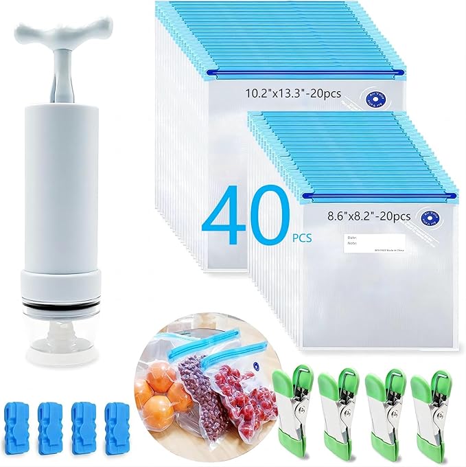 MOMODA Sous Vide Cooking Bags Bundle – 70 Reusable Vacuum Sealer Bags in 5 Sizes with Manual and Automatic Pumps, Plus Cooking Clips and Zipper Clips for Efficient Sous Vide Cooking and Food Storage