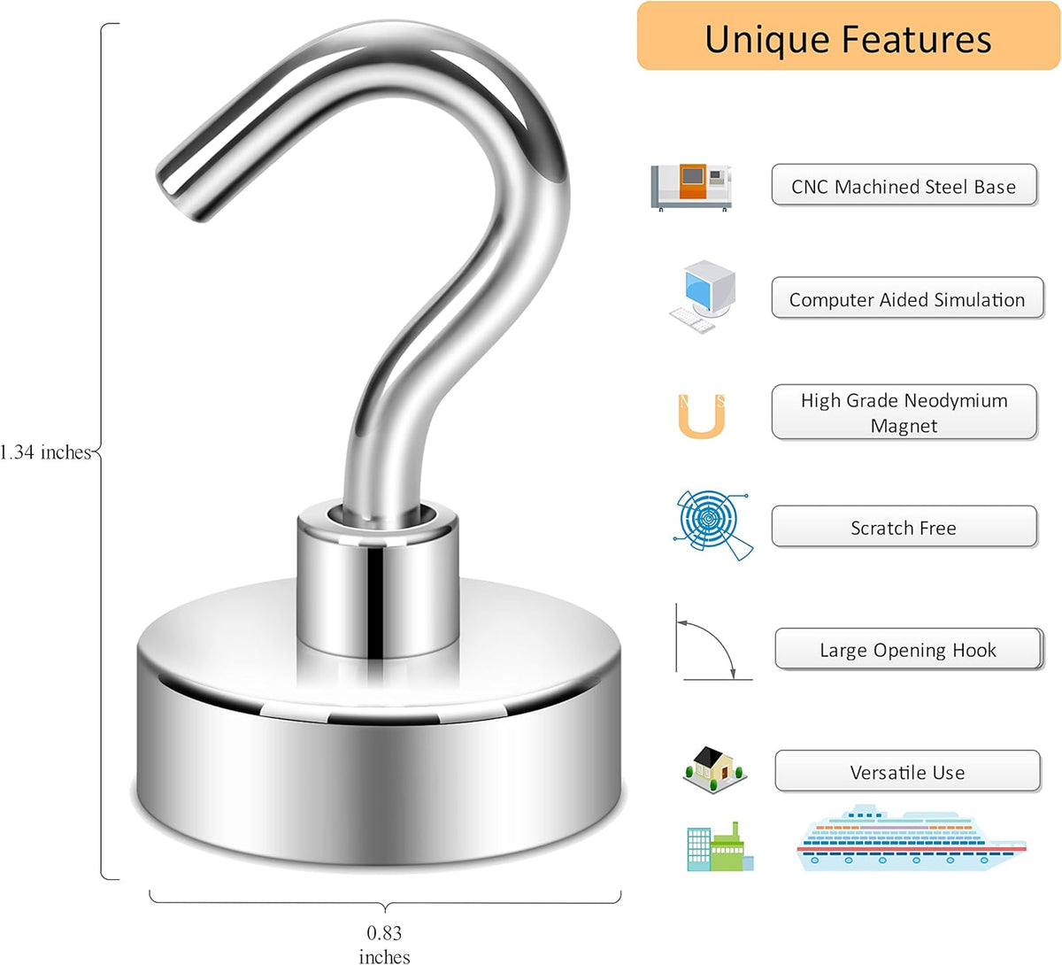 Neosmuk Magnetic Hooks, Heavy Duty Earth Magnets with Hook for Refrigerator, Extra Strong Cruise Hook for Hanging, Magnetic Hanger for Cabins, Grill (Silvery White, Pack of 10)