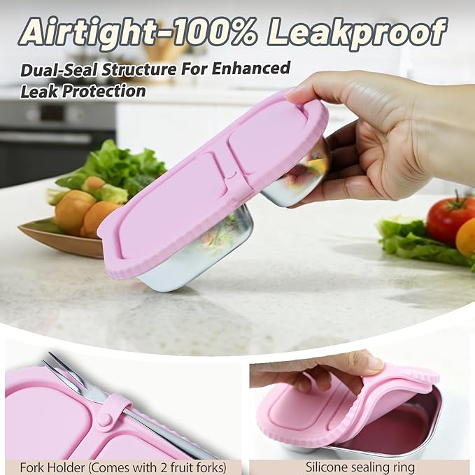 Stainless Steel Snack Containers with Silicone Lids - 2 Compartment Metal Bento Lunch Box, Leak-Proof Reusable Lunch Meal Prep Containers with 2 Forks for School, Office, Travel (Blue+Pink, 2 Pack)