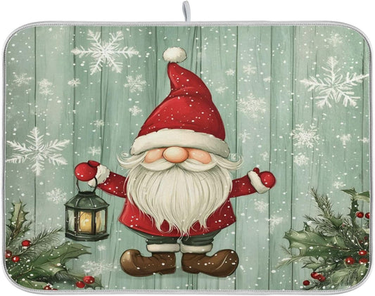 Christmas Gnome with Lantern Dish Drying Mat for Kitchen Counter Absorbent Microfiber Drying Pad, Large 18x24 in, Reversible Drainer Mats