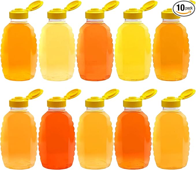 Skywin TidyFriend Honey Bottles 16 oz – 10 Pack Empty Honey Squeeze Bottle with Flip Lid & Seal, Clear Plastic Beehive Design, PET Containers