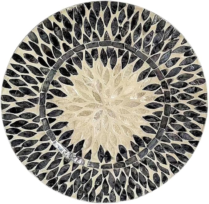 13 Inch Mother of Pearl Shell Placemat Plate – Large Round Decorative Heat for Table or Kitchen, Cabinet, Tabletop (Black and White Leaves, 13 Inch)