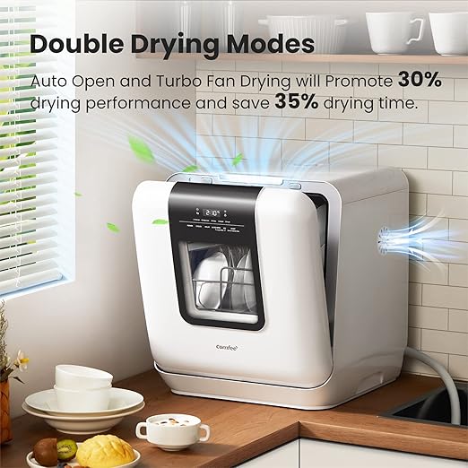 COMFEE' Countertop Dishwasher, Portable Dishwasher with 6L Built-in Water Tank, Mini Dishwasher with More Space Inside, 7 Programs, UV Hygiene& Auto Door Open, for Apartments, Dorms& RVs, White