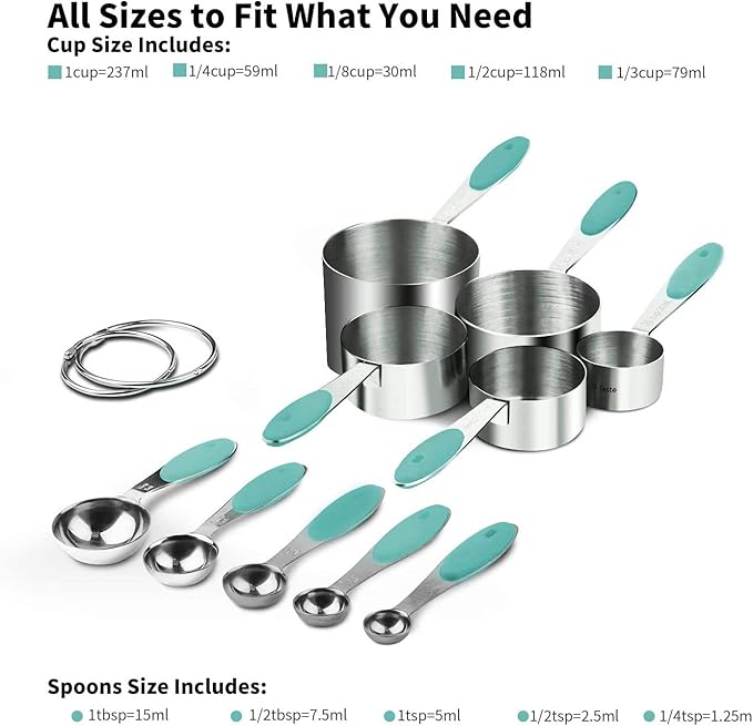 U-Taste 18/8 Stainless Steel Measuring Cups and Spoons Set of 10 and 600ºF Heat Resistat Silicone Flexible Baking Spoon Spatula & Cooking Scoop Spoonula (Aqua Sky)