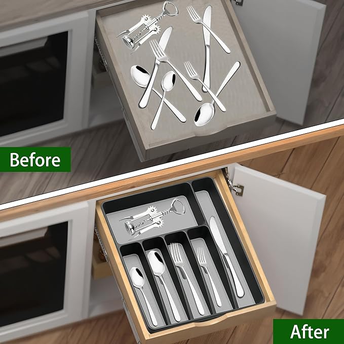 Silverware Organizer Utensil Organizer Holder Kitchen Drawer Organizer Plastic Silverware Tray for Drawer Flatware Organizer 6 Compartment Black