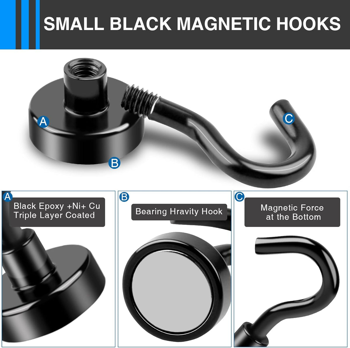LOVIMAG Magnetic Hooks, 12 Pack 30lbs+ Magnet Hook 2025 Cruise Cabin Ship Essentials Heavy Duty Strong Magnets Refrigerator Fridge Hanging for Classroom Beach Vacation Kitchen Grills Home (Black)