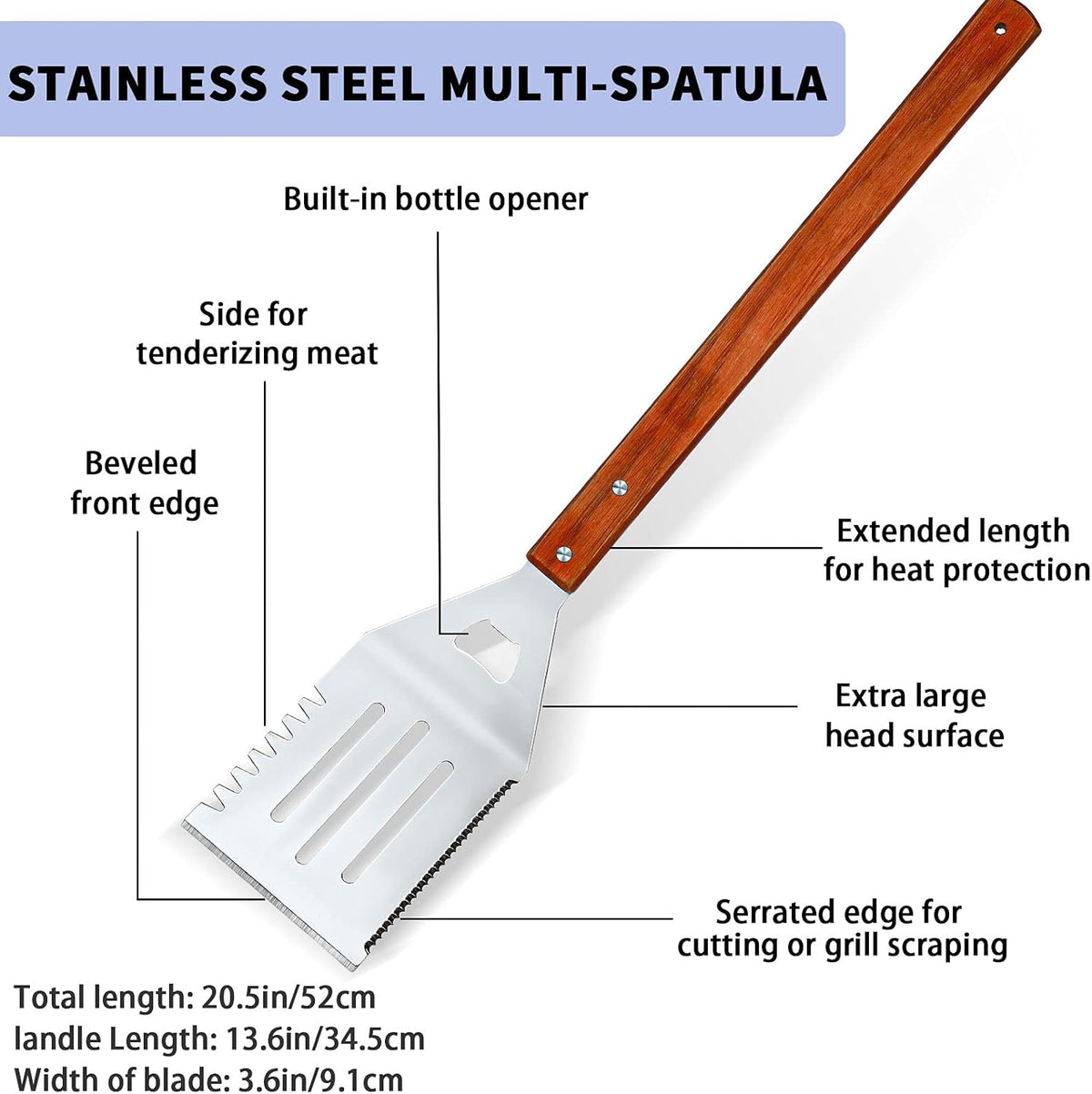 2 Pieces BBQ Extra Long Grill Turner and Grill Spatula, Stainless Steel Barbecue Grilling Accessories, Slotted Spatula and Solid Kitchen Spatula with Wooden Handle, 20 Inch
