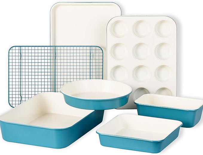 CAROTE 7-Piece Ceramic Baking Pans Set, Aluminized Steel Bakeware Sets, Toxin-Free Nonstick Stackable Oven Pans with Cookie Sheet, Muffin Pan, Loaf Pan, Roasting Pan, Cake Pans, Cooling Rack