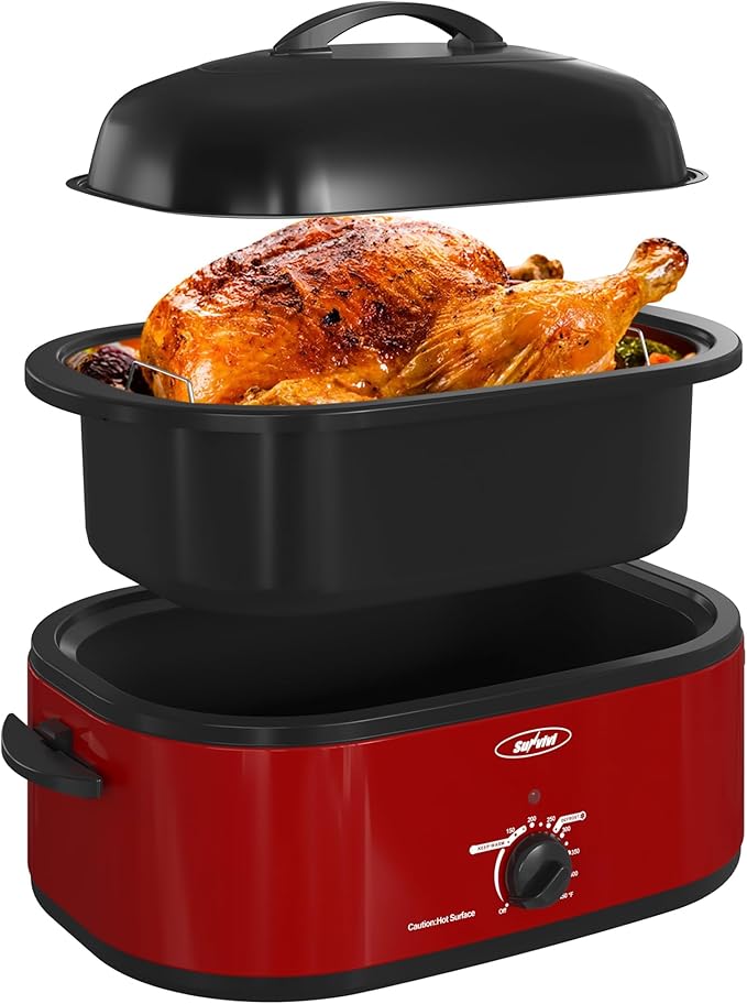 Royalcraft Roaster Oven with Self-Basting Lid, 18qt Electric Roaster with Removable Pan & Rack, Turkey Roaster Oven with Defrost & Warm Function, Stainless Steel, Red