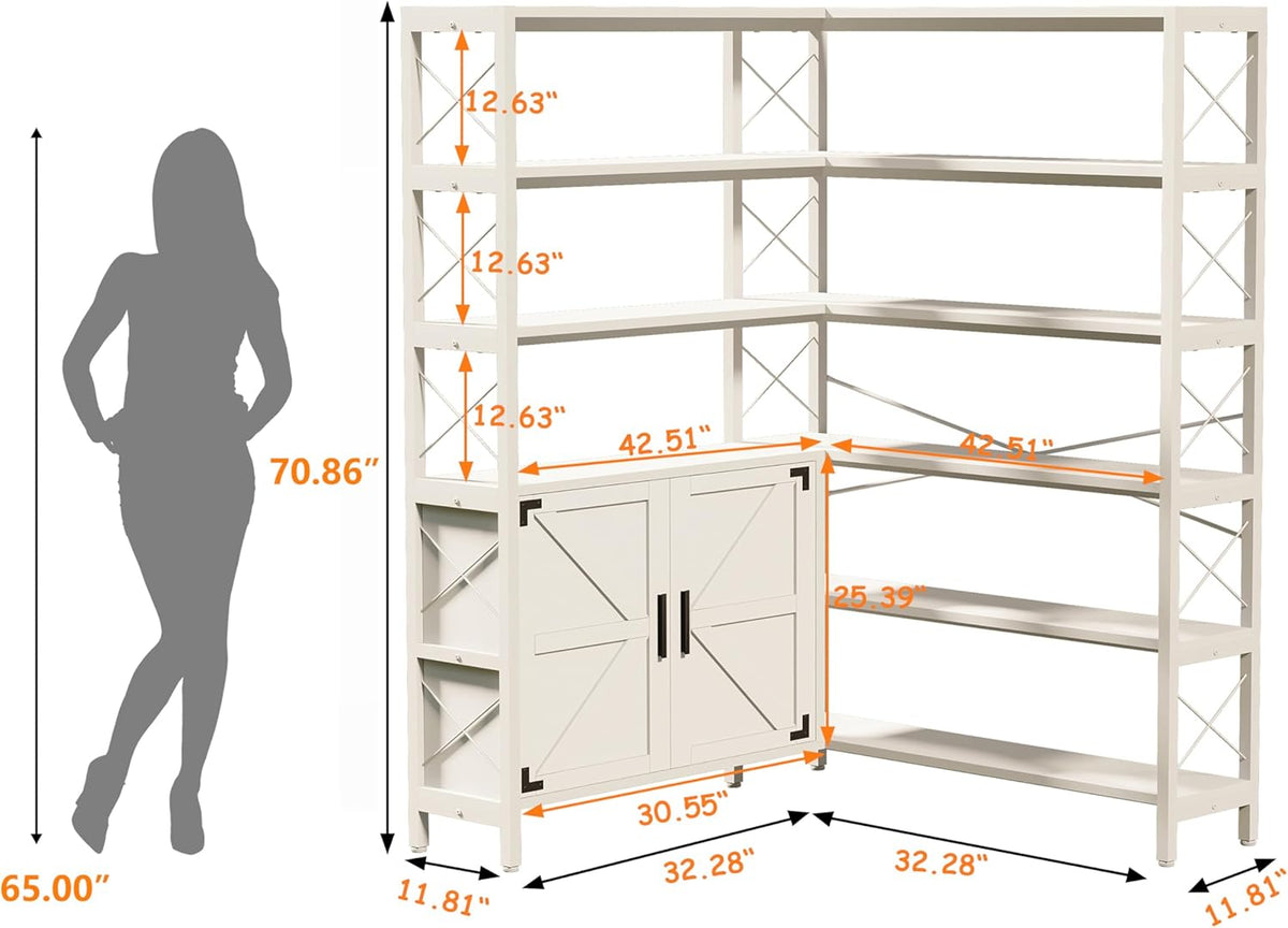 Corner Bookshelf 6 Tier, Large White Wooden Bookcase for Corner,Farmhouse Etagere L Shaped Book-Shelf with Metal Frame & Cabinet for Living Room Home Office