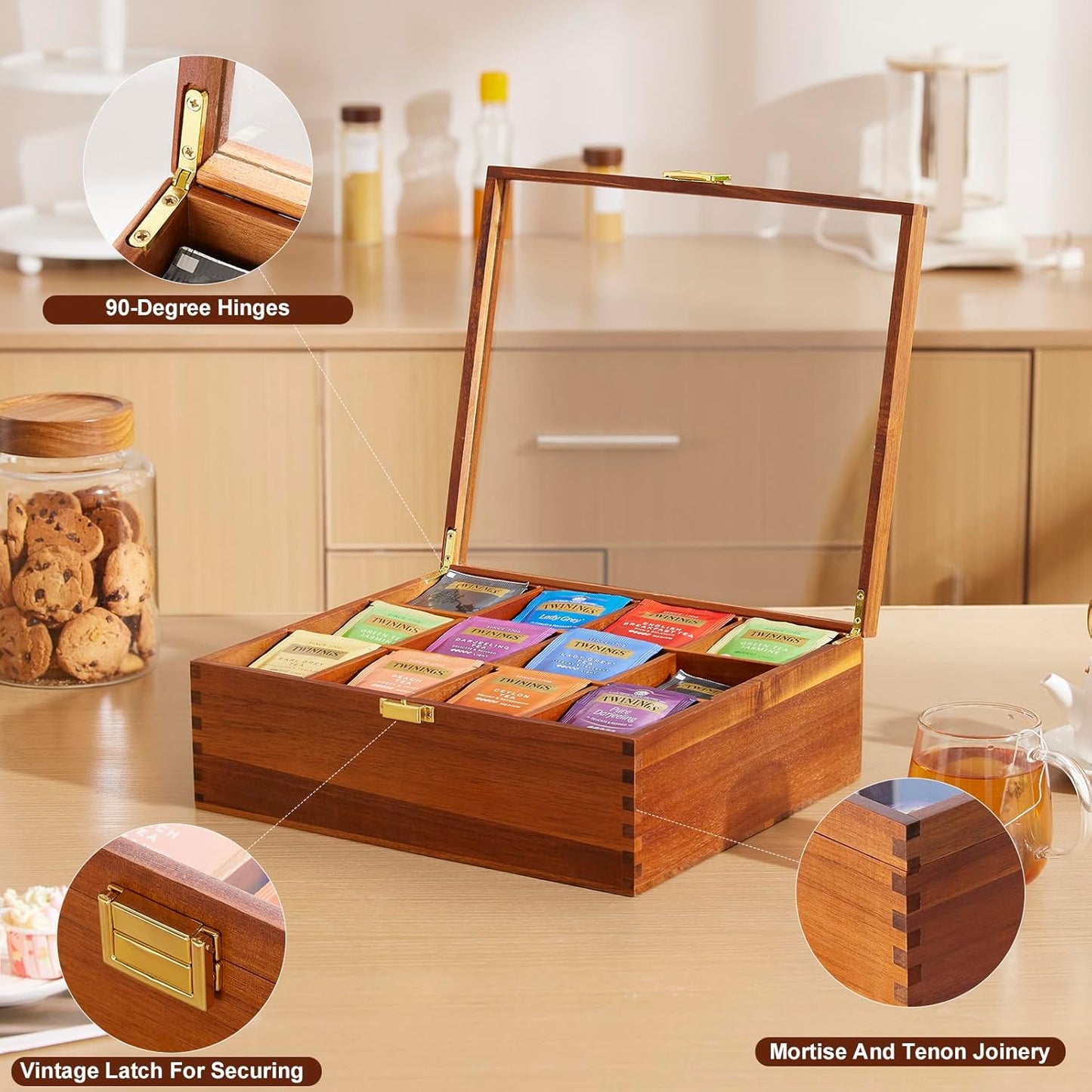 Tea Bag Organizer, Acacia Wood Tea Organizer Box, 12 Compartments Tea Organizer for Tea Bags with Clear Glass Window, Tea Bag Holder for Countertop Kitchen Cabinet Pantry - Keeps Tea Bags Fresh
