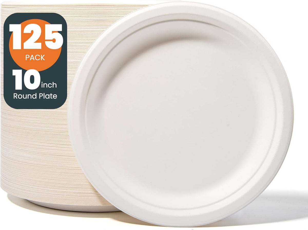 100% Compostable Plates - 125-Count Heavy Duty Disposable 10-Inch Plates Made of Bagasse - Eco-Friendly and Sustainable