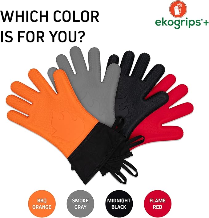 Ekogrips Plus Oven Gloves with Fingers, Comfy Waterproof Silicone Oven Mitts Heat Resistant with Long Cuff, Insulated BBQ Gloves Perfect for Grilling, Baking, Smoker, Canning, and Pizza, Black, OSFM