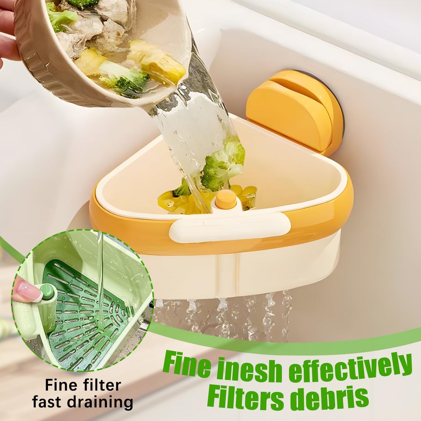 Suction Cup Sink Corner Rack, 2025 New Upgraded Suction Cup Press Triangular Drainer Basket, Automatic Dumping Sink Strainer Basket, Hanging Corner Sink Trash Catcher for Kitchen Food Waste (Orange)