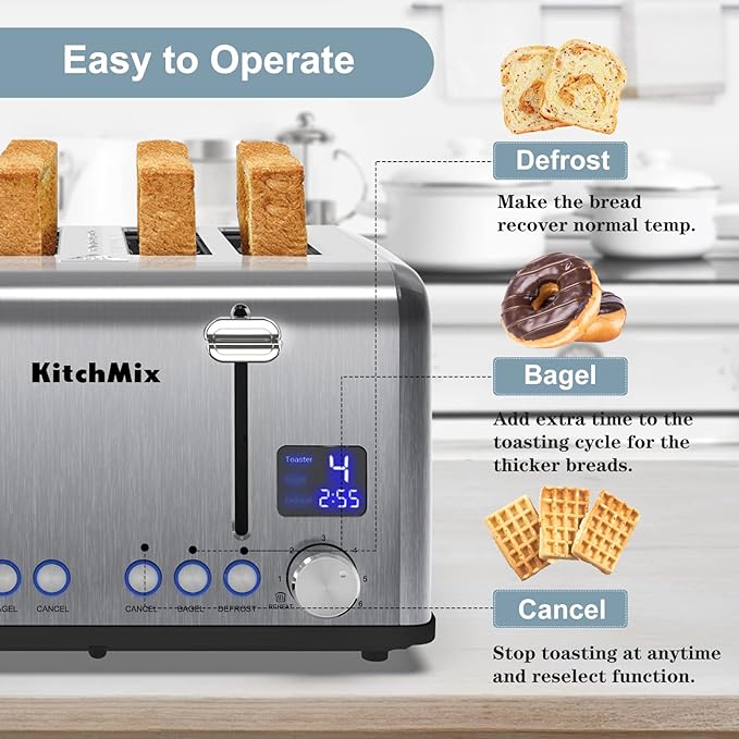 Toaster 4 Slice, KitchMix Bagel Stainless Toaster with LCD Timer, Extra Wide Slots, Dual Screen, Removal Crumb Tray (Stinless steel)