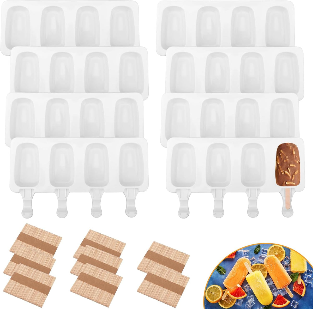 8 Set Silicone Popsicle Molds 4 Cavities Ice Cream Oval Cake Molds with 400 Sticks, Reusable Ice Pop & Cakesicle Mould forKids, DIY Frozen Treats, Summer Snacks, Parties Favors, Easy Release