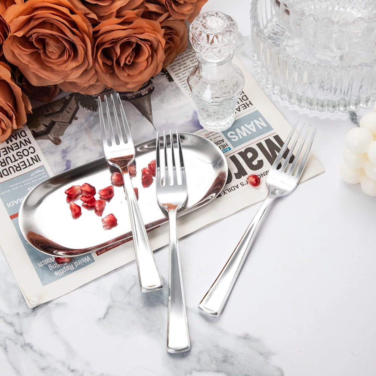 Liacere 200 Pack Silver Plastic Forks - 7.4 inch Heavy Duty Plastic Forks - Heavyweight Disposable Forks - Silver Plastic Silverware for Catering, Parties, Dinners, Valentine's Day