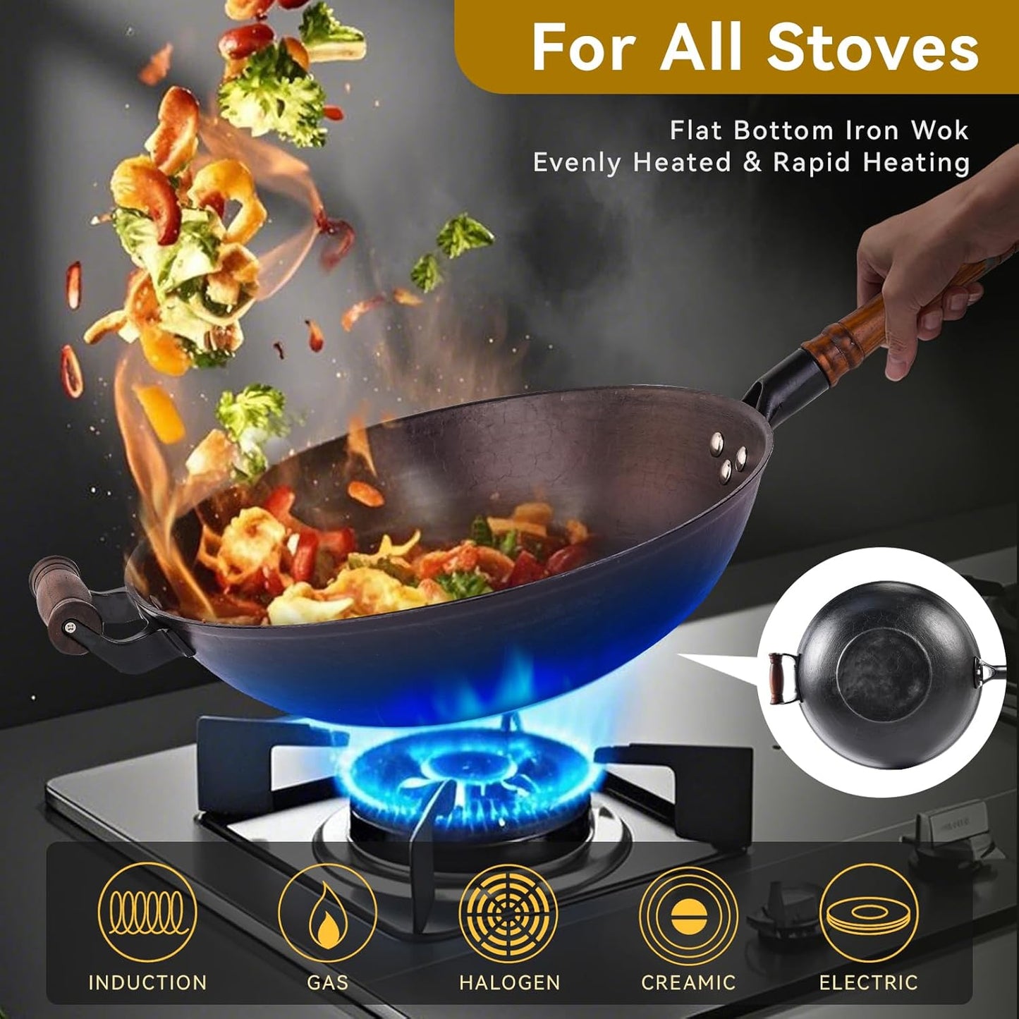WANGYUANJI 13.4 Inch Cast Iron Wok with Lid – Flat Bottom Chinese Stir Fry Pan, Handcrafted Non-Coated Iron Cookware for Induction, Gas & Electric Stoves, Black