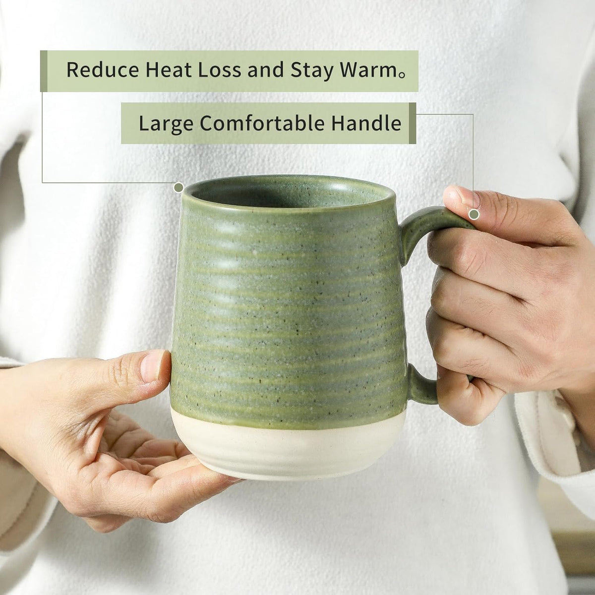 Hasense Stoneware Coffee Mugs Set of 6, 15 Oz Large Coffee Cups with Handle, Tea Mugs for Men and Women, Modern Coffee Mug for Cappuccino, Milk, Cocoa, Microwave & Dishwasher Safe, Green