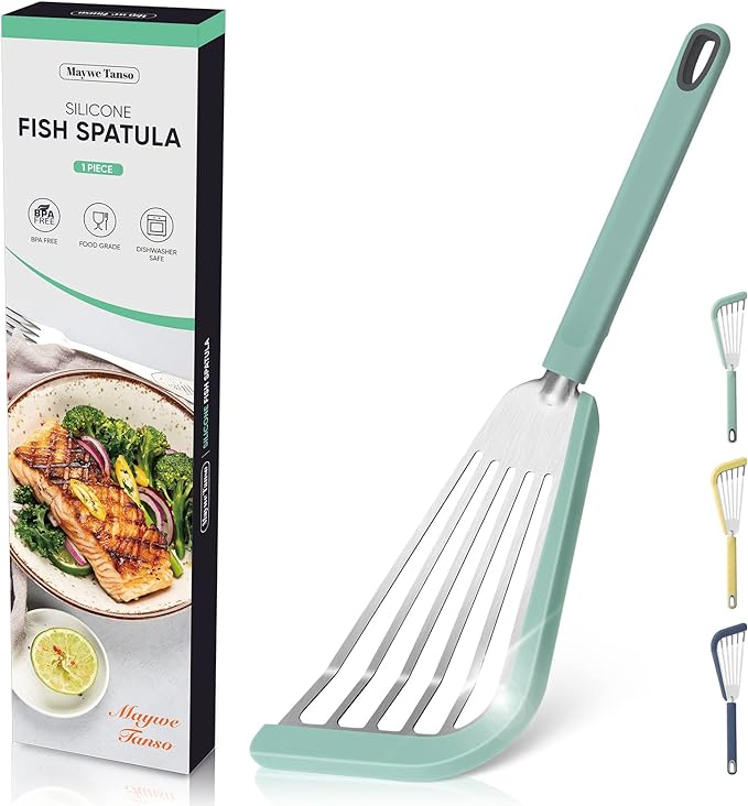 Nonstick Fish Spatula,Maywe Tanso Thin Slotted Spatulas Turner Silicone Fish Spatulas for Nonstick Cookware,High Heat Resistant BPA Free Cooking Utensils,Ideal for Fish,Eggs,Pancakes