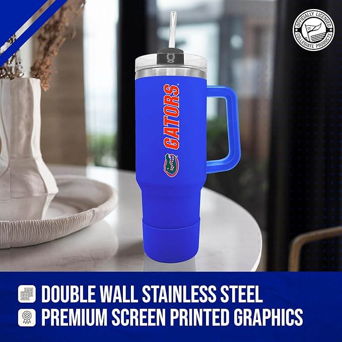 Campus Colors College & University 40 oz Travel Tumbler With Handle - Dual Option Lid With Straw - Vacuum Insulated Stainless Steel (Florida Gators - Royal)