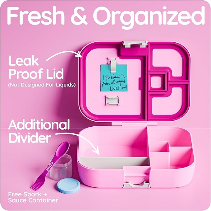 YOOPI Lunch Boxes for Kids – Toddler Bento Box with 4 Compartment Food Container, Lunch Box for School, Leakproof Lunchbox Containers, Sandwich Box, Lightweight Snack Box, Durable,Easy Open (Pink)