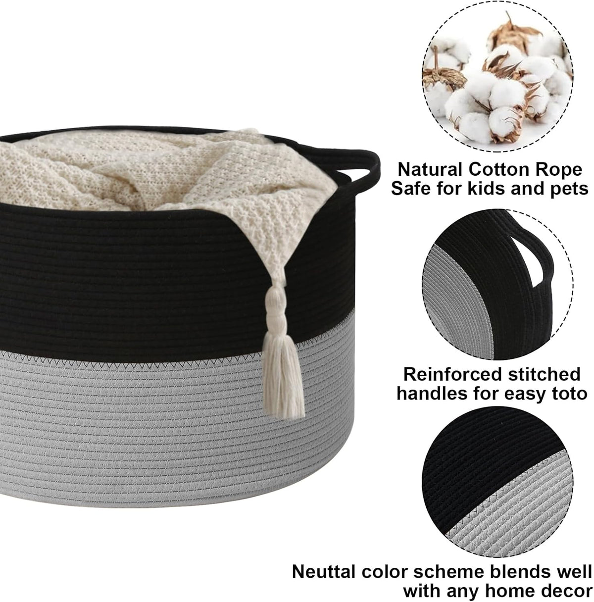 Large Blanket Basket for Organizing,115L Closet Organizers and Storage Bins Box for Shelves Woven Rope Storage Baskets,Living Room,Bedroom,Dorm,Laundry room (Black&Light Grey)