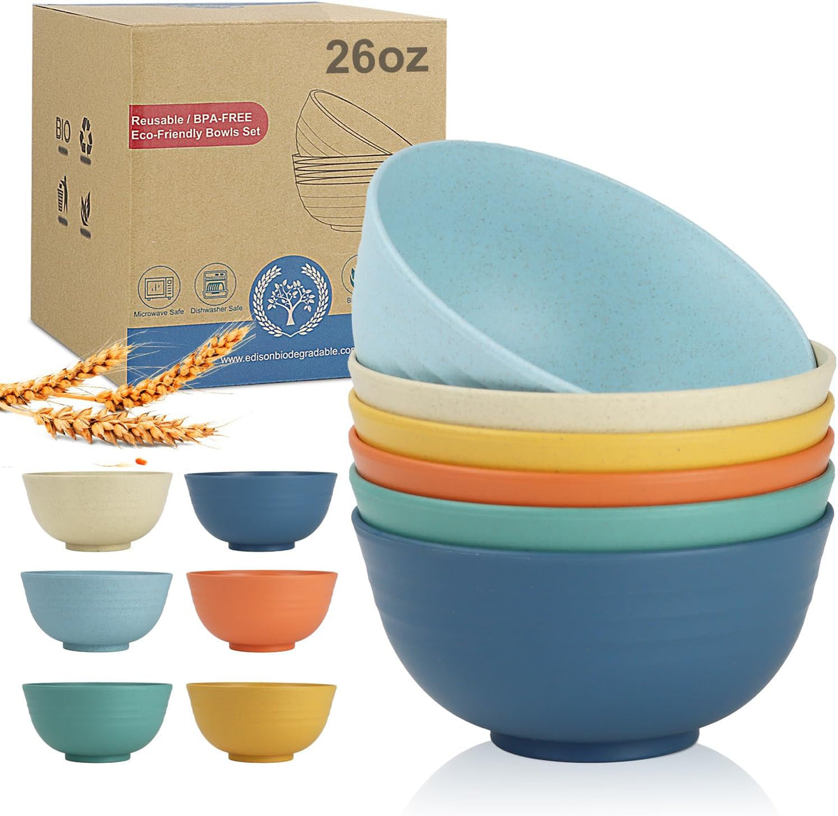 26 oz Wheat Straw Bowls,Unbreakable Cereal Bowls Set of 6,Microwave & Dishwasher Safe Salad Bowls for kitchen, Kitchen Bowl Sets for Soup,Salad,Fruit,Snack and Oatmeal-Multi Color