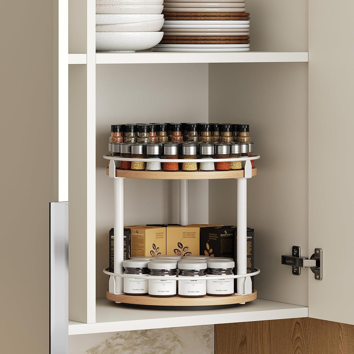 Lazy Susan Organizer, Rotating Spice Rack, 2 Tier Spice Turntable Organizer, Industrial Turntable Spice Holder, for Kitchen Countertop, Compact and Versatile, White and Natural SR22WN