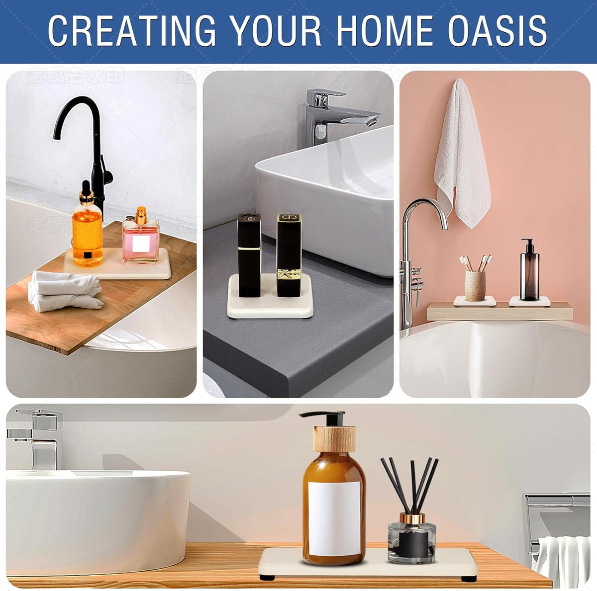 4PCS Water Absorbing Stone Tray, Quick Drying Diatomite Stone Sink Tray, Water Absorbent Stone Coasters for Bathroom Counter, Kitchen Soap Dish Holders Toothbrush Holders in Modern Home