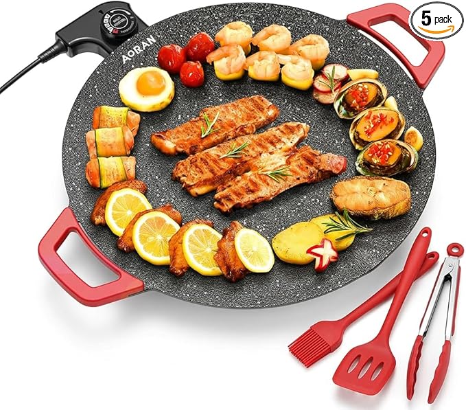 AORAN Indoor Grill Electric Smokeless Set – Nonstick Electric Griddle for Indoor Use, Compact & Versatile Cooking for Steaks, Pancakes & BBQ, Includes Silicone Spatula, Oil Brush & Food Tongs